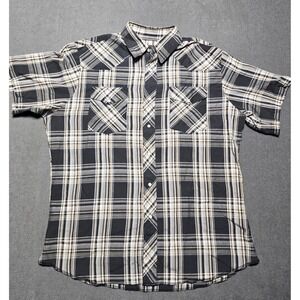 Wrangler Western Shirt Mens Large Plaid Short Sleeve Pearl Snap Beige 90s‎ VTG